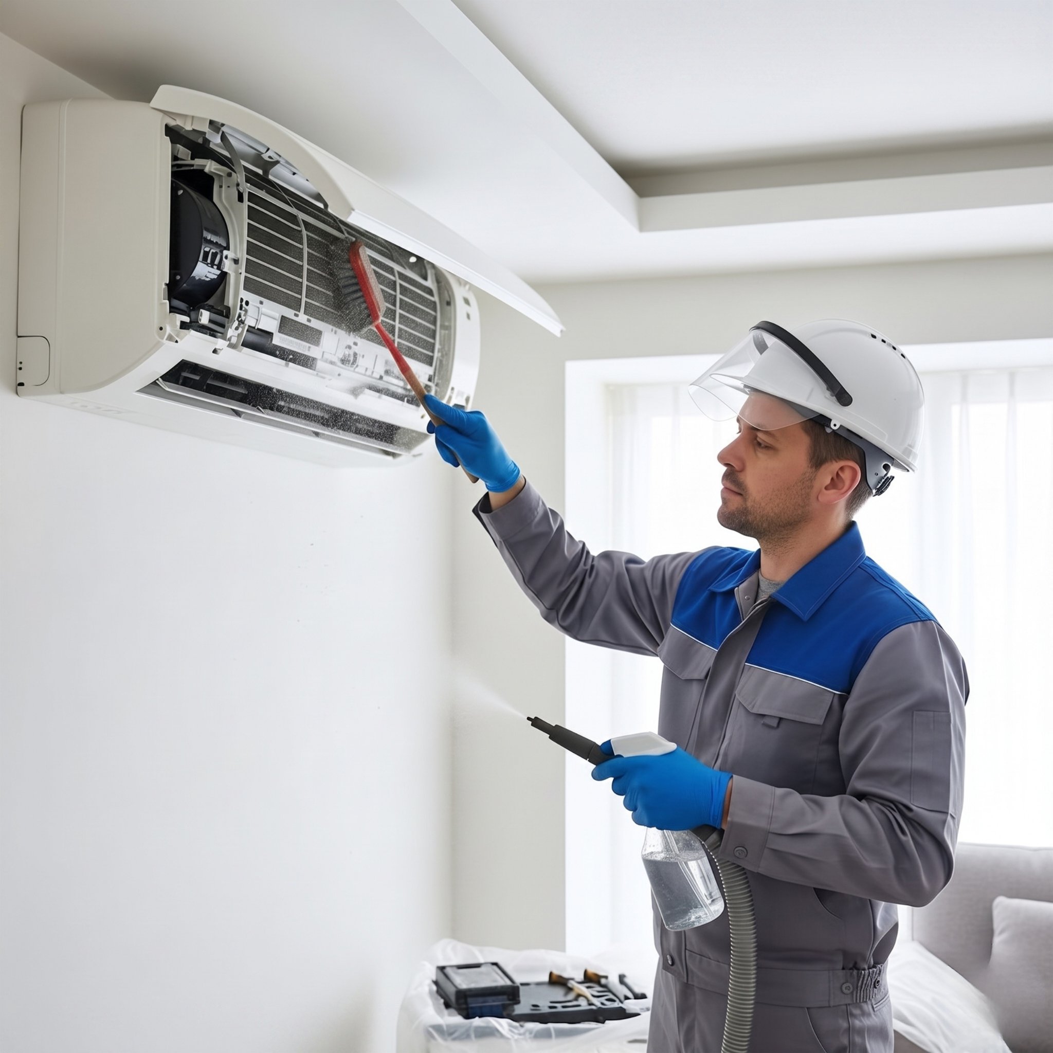 Técnico da Technician Refrigeração fazendo a limpeza e higienização de um ar-condicionado